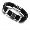 Bracelet homme en cuir tress� cercl� de bagues en acier