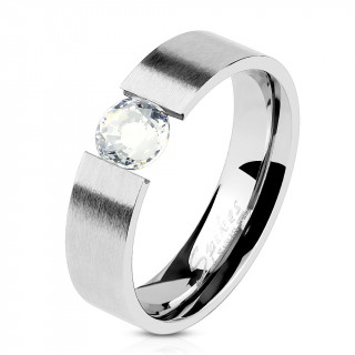 Anneau en acier bross� entrecoup� d'une pierre claire