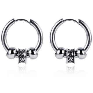Anneaux d'oreilles homme acier � cylindre grav� et perles (paire)