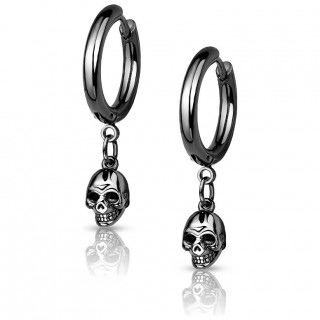 Anneaux d'oreilles Noirs � t�te de mort suspendue en acier