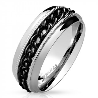 Bague acier dentell�e � chaine noire