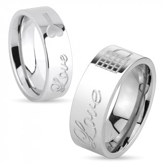Bague de couple en acier � gravure "Love" et cadenas ou cl�