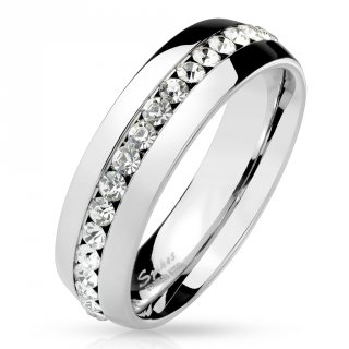 Bague de couple en acier � pourtour de pierres claires