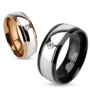Bague de couple bicolore en acier avec bandeau serti