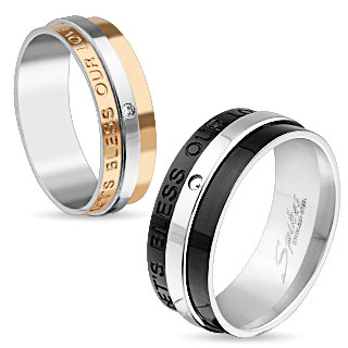 Bague de couple en acier bicolore � gravure "Let's Bless Our Love"