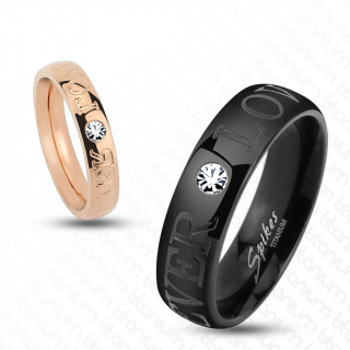 Bague de couple en titane grav�e "love forever" avec pierre claire