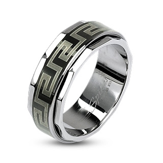 Bague homme en acier avec anneau anti-stress noir � frise labyrinthe