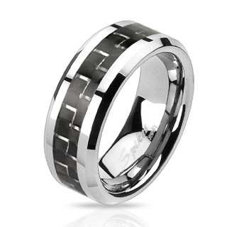 Bague homme en acier � bande de fibre de carbone noire