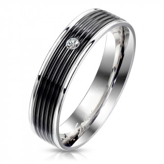 Bague homme acier � bande noire rainur�e sertie