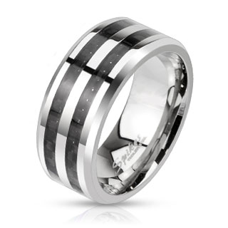 Bague homme en acier � bandes de fibre de carbone noire