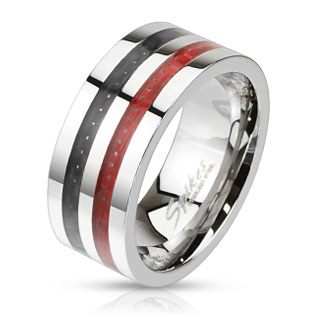 Bague homme en acier � bandes de fibre de carbone noire et rouge