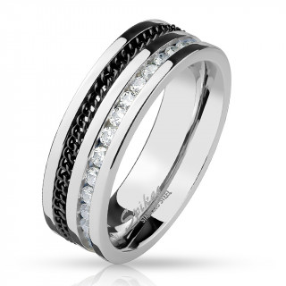 Bague homme acier � chaine noire et strass clairs