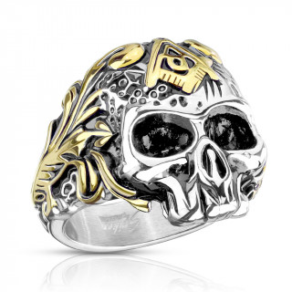 Bague homme acier � crane avec symbole Ma�onnique