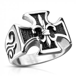 Bague homme acier � croix de Malte et Fleur de Lys
