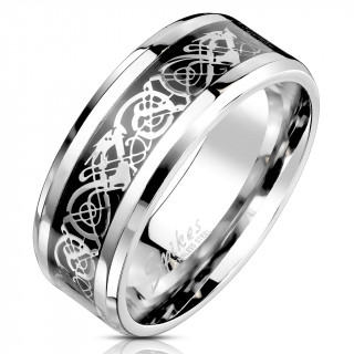 Bague homme acier � dragons calligraphi�s