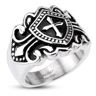 Bague homme en acier � face bouclier et croix