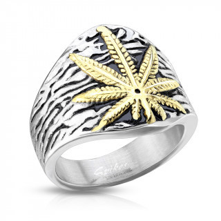 Bague homme acier � feuille de cannabis dor�e