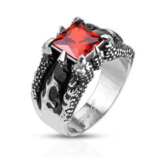 Bague homme en acier � griffes de dragon et pierre rouge