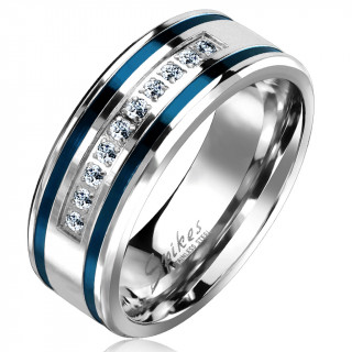 Bague homme acier � lignes bleues et bande de strass