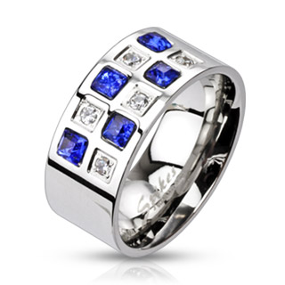 Bague homme en acier � pierres bleues et claires altern�es