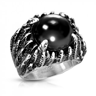 Bague homme acier � plumes et pierre noire ronde