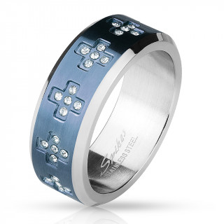Bague homme acier � pourtour bleu avec croix zirconium