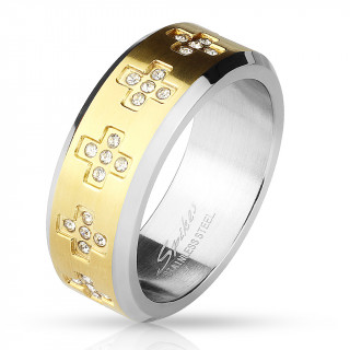 Bague homme acier � pourtour dor� avec croix zirconium