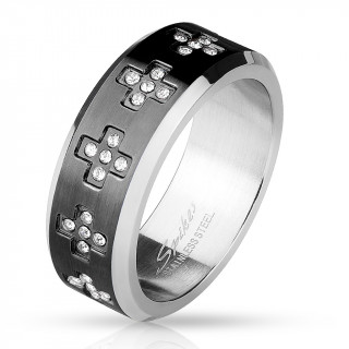 Bague homme acier � pourtour noir avec croix zirconium