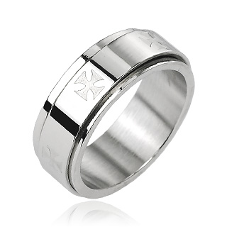 Bague homme en acier avec bande anti-stress � croix de malte