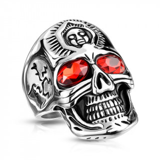 Bague homme acier crane aux yeux rouges et t�te frontale