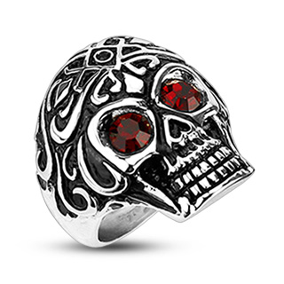 Bague homme en acier � cr�ne tribal aux yeux rouges