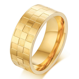 Bague homme acier dor� � relief damier