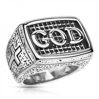 Bague homme acier grav�e "GOD" (dieu) � croix latines