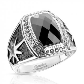 Bague homme acier � pierre noire facett�e et �toiles