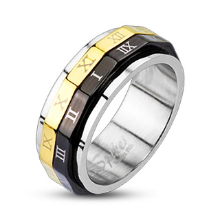 Bague homme acier polygones noir et dor� � chiffres romains