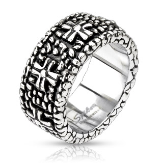 Bague homme en acier style ruine � croix en relief