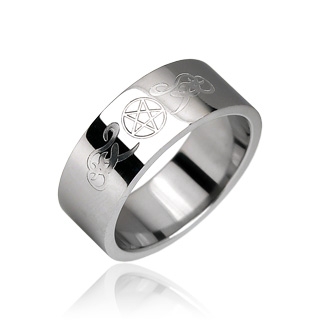 Bague homme en acier symboles tribaux et pentagramme