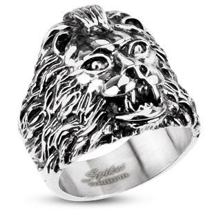 Bague homme en acier t�te de lion � large crini�re