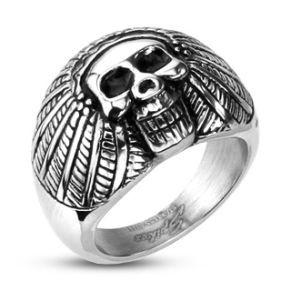 Bague homme en acier � t�te de mort chef Apache