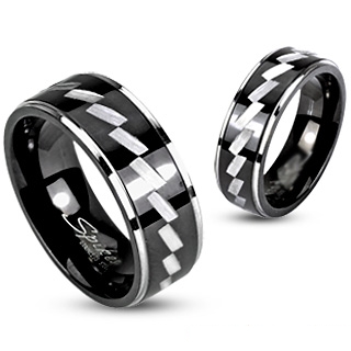 Bague homme en acier noir avec multiples diagonales blanches
