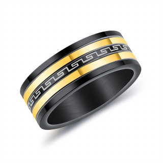 Bague homme � bandes noires et dor�es en acier � frise grec