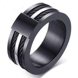 Bague homme bicolore en acier � filins et petite plaque