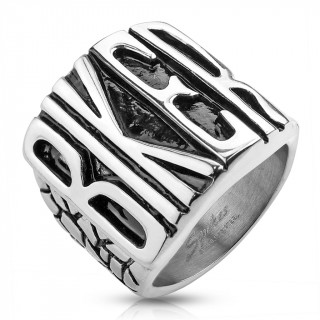 Bague homme "Biker" en acier � surface craquel�e