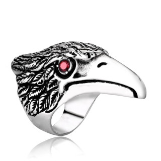 Bague homme biker en acier � t�te d'aigle aux yeux rouges
