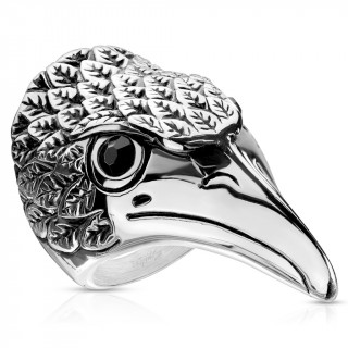 Bague homme biker en acier � t�te d'aigle aux yeux noirs
