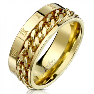 Bague homme dor�e en acier � chiffres romains et chaine
