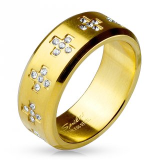 Bague homme dor�e en acier � pourtour de croix zirconium