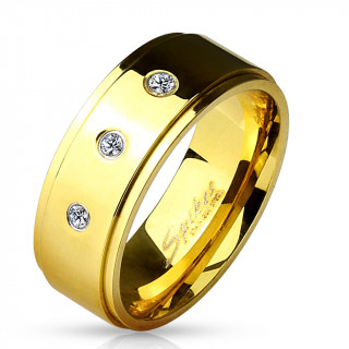 Bague homme dor�e en acier � trio de pierres claires