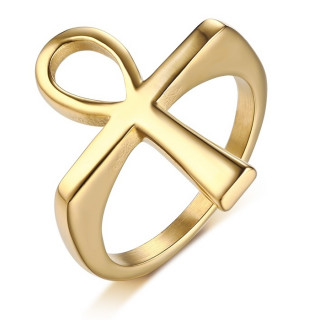Bague homme dor�e en acier � Ankh (hi�roglyphe �gyptien)