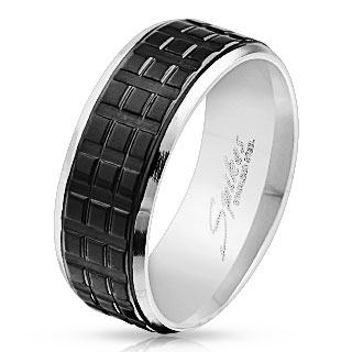 Bague homme en acier � bande de carr�s noirs